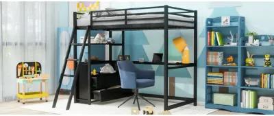 Twin Size Metal&Wood Loft Bed With Desk And Shelves, Two Built-In Drawers