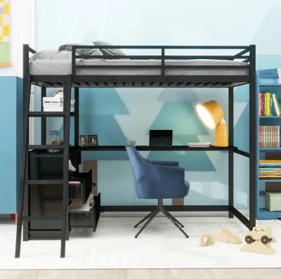 Twin Size Metal&Wood Loft Bed With Desk And Shelves, Two Built-In Drawers