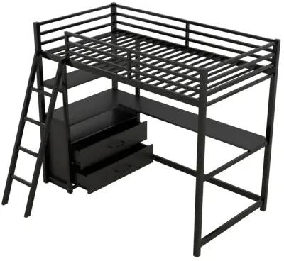 Twin Size Metal&Wood Loft Bed With Desk And Shelves, Two Built-In Drawers