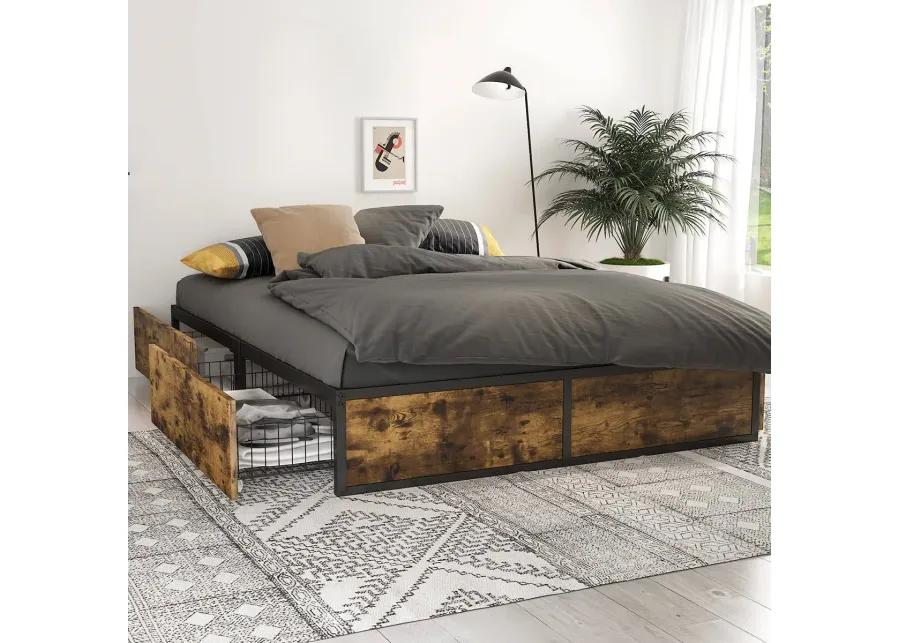 QuikFurn Full Metal Wood Platform Bed Frame with 4 Storage Drawers - 600 lbs Max Weight