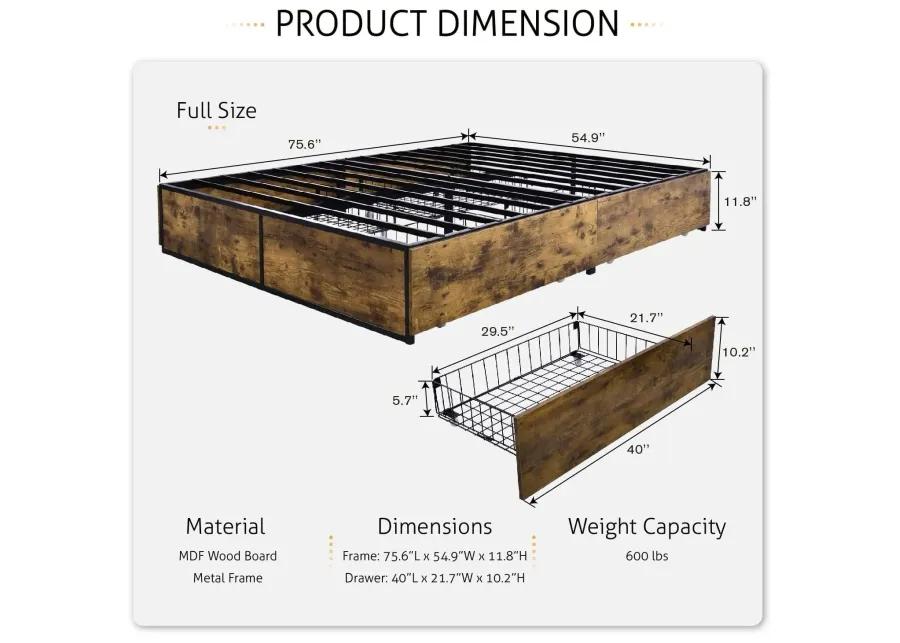 QuikFurn Full Metal Wood Platform Bed Frame with 4 Storage Drawers - 600 lbs Max Weight