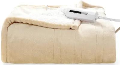 Heated Electric Sherpa Throw Blanket in Beige/White