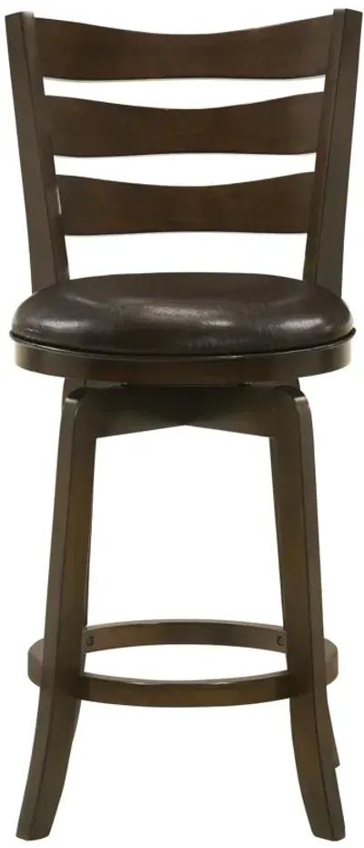 Mona Swivel Counter Height Chair, Dark Brown Faux Leather Cherry Brown Wood - Benzara