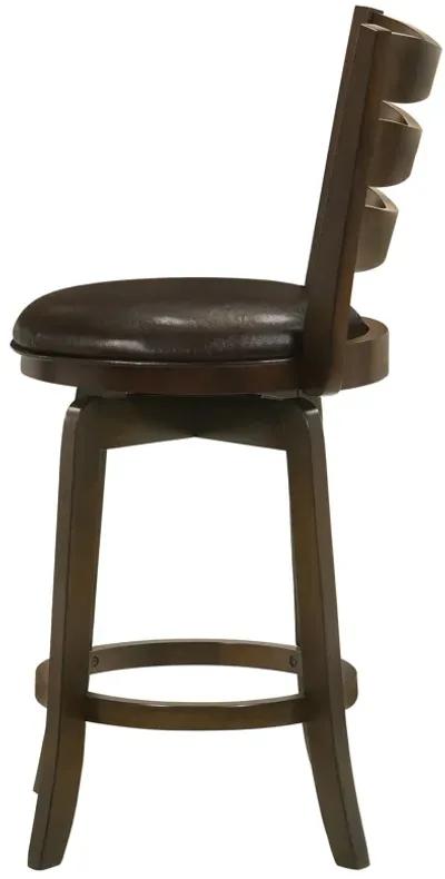 Mona Swivel Counter Height Chair, Dark Brown Faux Leather Cherry Brown Wood - Benzara