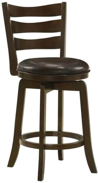 Mona Swivel Counter Height Chair, Dark Brown Faux Leather Cherry Brown Wood - Benzara