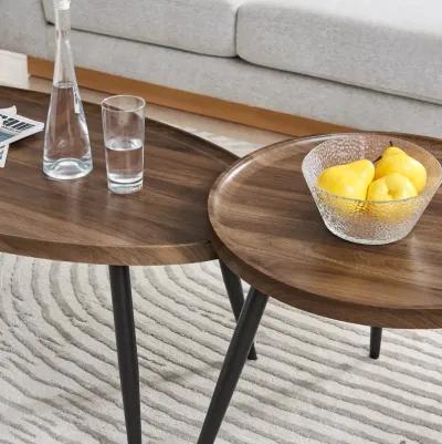 Paxton Nesting Raised Lip Edge 2 Piece Coffee Table Set with Modern Black Metal Taper Legs - Round and Oval