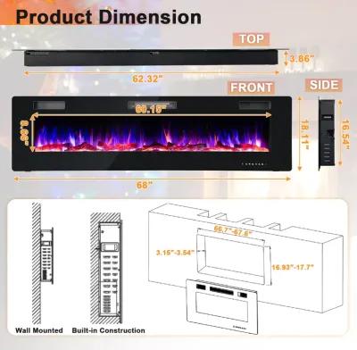 68 Inch Ultra-Thin Electric Fireplace Recessed Wall Mounted with Crystal Log Decoration