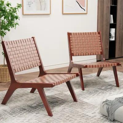 Woven Leather Accent Chairs with Wood Frame