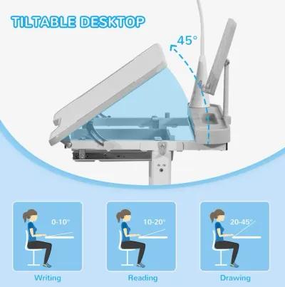 Kids Desk and Chair Set Height Adjustable Children Study Table with Tilt Desktop, LED Lamp, Drawer, Reading Board, Cup Holder, Pen Slots