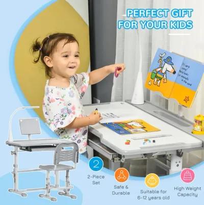 Kids Desk and Chair Set Height Adjustable Children Study Table with Tilt Desktop, LED Lamp, Drawer, Reading Board, Cup Holder, Pen Slots