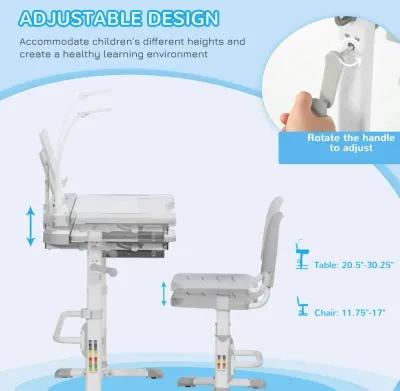 Kids Desk and Chair Set Height Adjustable Children Study Table with Tilt Desktop, LED Lamp, Drawer, Reading Board, Cup Holder, Pen Slots