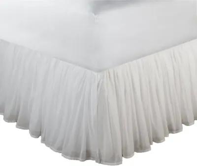 Twin Bed Skirt, Polyester Platform, Cotton Voile Drop, Ruffled Edge, White  - Benzara