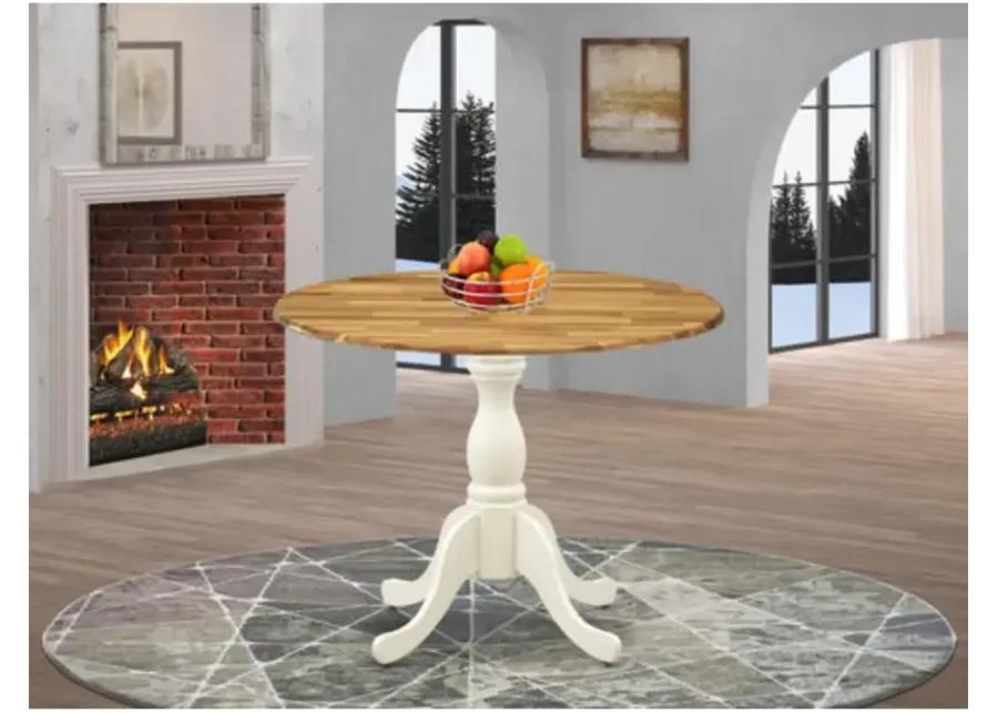 East West Furniture Dining Room Table with Drop Leaves - Natural Table Top and Linen White Pedestal Leg Finish