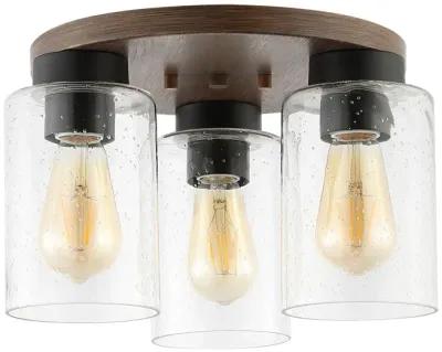 Nola 13" 3-Light Bohemian Farmhouse Iron/Seeded Glass LED Semi Flush Mount, Wood Finish/Clear