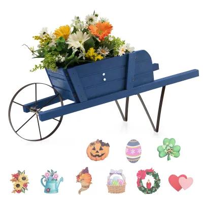 Wooden Wagon Planter with 9 Magnetic Accessories for Garden Yard