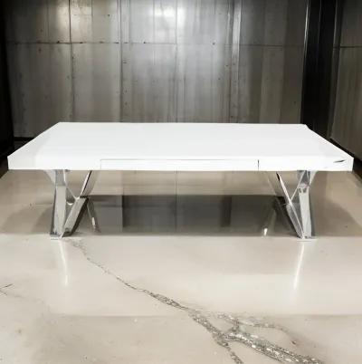 Rix 48 Inch Coffee Table, 1 Drawer, X Shaped Steel Legs, White Wood Top - Benzara