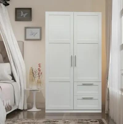 High Wardrobe And Kitchen Cabinet With 2 Doors, 2 Drawers And 5 Storage Spaces, White