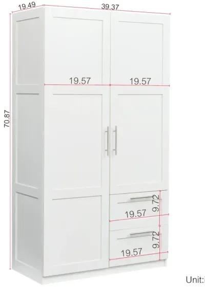 High Wardrobe And Kitchen Cabinet With 2 Doors, 2 Drawers And 5 Storage Spaces, White