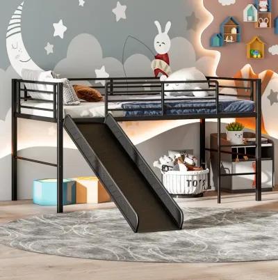 Twin Metal Loft Bed with Slide Safety Guardrails and Built-in Ladder