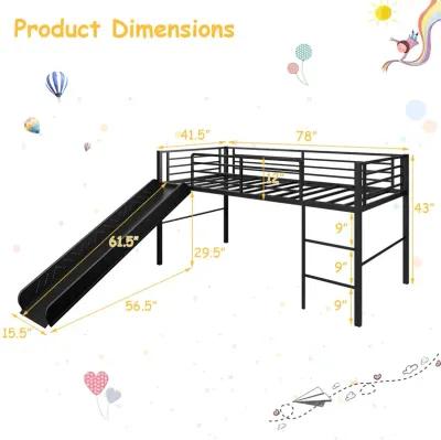 Twin Metal Loft Bed with Slide Safety Guardrails and Built-in Ladder