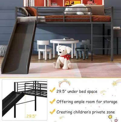 Twin Metal Loft Bed with Slide Safety Guardrails and Built-in Ladder