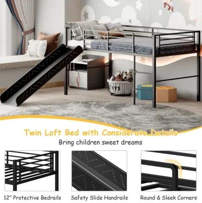 Twin Metal Loft Bed with Slide Safety Guardrails and Built-in Ladder