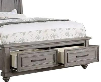 Demi California King Bed, Sleigh Headboard, Storage Drawers, Oak Gray Wood - Benzara