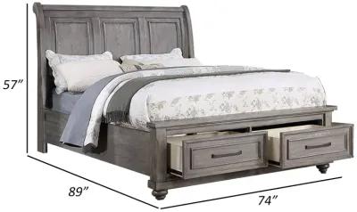 Demi California King Bed, Sleigh Headboard, Storage Drawers, Oak Gray Wood - Benzara