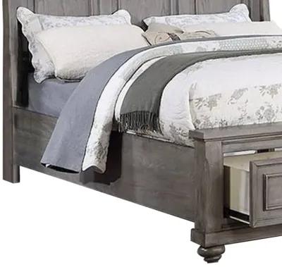 Demi California King Bed, Sleigh Headboard, Storage Drawers, Oak Gray Wood - Benzara