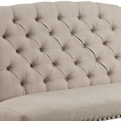 Nailhead Trim Fabric Upholstered Wing Back Wooden Bench, Beige and Black-Benzara