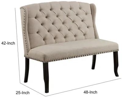 Nailhead Trim Fabric Upholstered Wing Back Wooden Bench, Beige and Black-Benzara