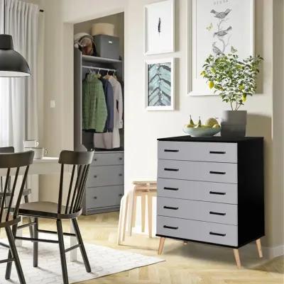 Better Home Products Eli Mid-Century Modern 5 Drawer Chest in Black & Light Gray