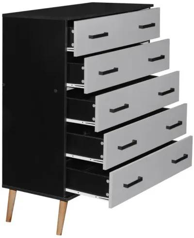 Better Home Products Eli Mid-Century Modern 5 Drawer Chest in Black & Light Gray