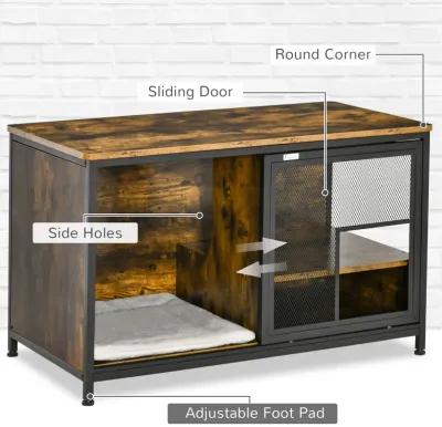 Rustic Brown Pet House: Cat Kennel End Table with Sliding Doors