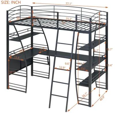 Merax Metal Frame Loft Bed with 4 Layers of Shelves