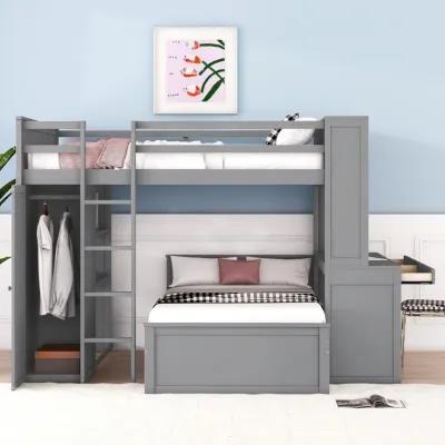 Merax Loft Bed with Storage Shelves and Wardrobe