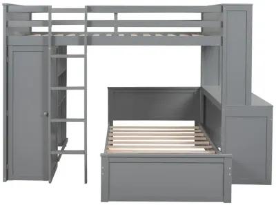 Merax Loft Bed with Storage Shelves and Wardrobe