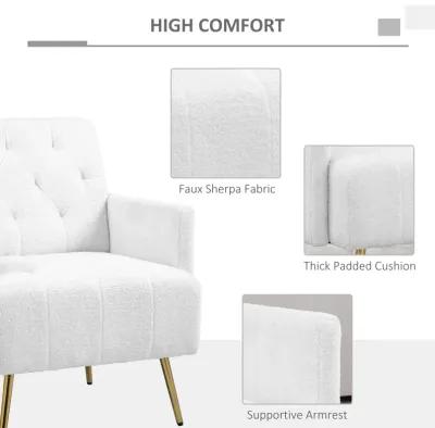 HOMCOM Modern Sherpa Accent Chair, Upholstered Tufted Armchair with Gold Steel Legs, Fabric Reading Chair for Living Room and Bedroom, White