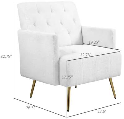 HOMCOM Modern Sherpa Accent Chair, Upholstered Tufted Armchair with Gold Steel Legs, Fabric Reading Chair for Living Room and Bedroom, White