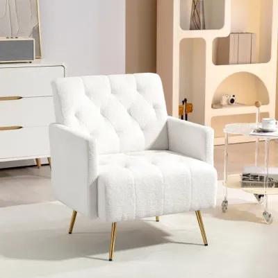 HOMCOM Modern Sherpa Accent Chair, Upholstered Tufted Armchair with Gold Steel Legs, Fabric Reading Chair for Living Room and Bedroom, White