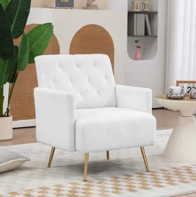 HOMCOM Modern Sherpa Accent Chair, Upholstered Tufted Armchair with Gold Steel Legs, Fabric Reading Chair for Living Room and Bedroom, White