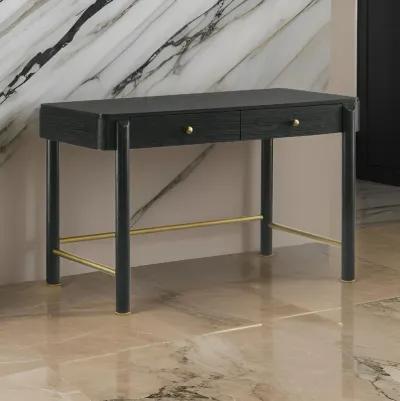 Fij Vanity Desk, 48 Inch Rectangular, 2 Drawers, Metal Knobs, Black, Gold - Benzara