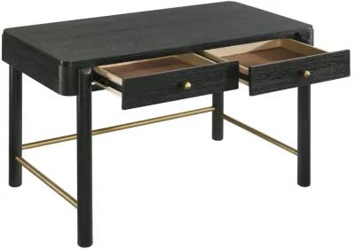 Fij Vanity Desk, 48 Inch Rectangular, 2 Drawers, Metal Knobs, Black, Gold - Benzara