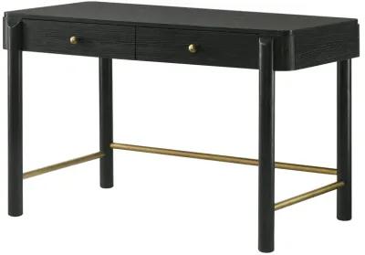 Fij Vanity Desk, 48 Inch Rectangular, 2 Drawers, Metal Knobs, Black, Gold - Benzara