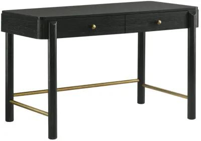 Fij Vanity Desk, 48 Inch Rectangular, 2 Drawers, Metal Knobs, Black, Gold - Benzara