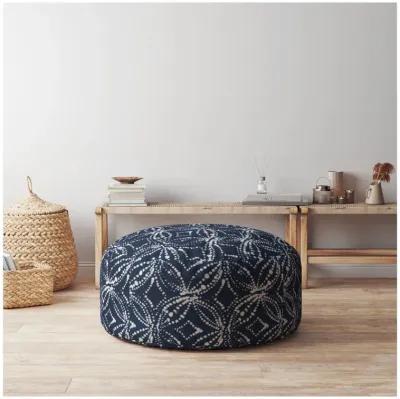 Homezia 24" Blue And White Canvas Round Damask Pouf Ottoman