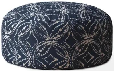 Homezia 24" Blue And White Canvas Round Damask Pouf Ottoman