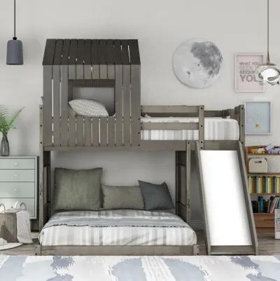 Wooden Twin Over Full Bunk Bed, Loft Bed With Playhouse, Farmhouse, Ladder, Slide And Guardrail