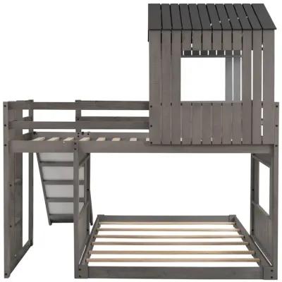 Wooden Twin Over Full Bunk Bed, Loft Bed With Playhouse, Farmhouse, Ladder, Slide And Guardrail