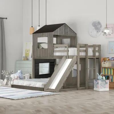 Wooden Twin Over Full Bunk Bed, Loft Bed With Playhouse, Farmhouse, Ladder, Slide And Guardrail